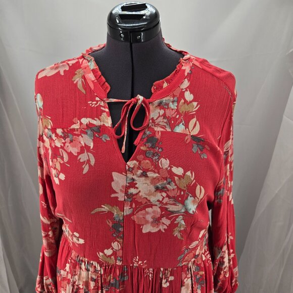 725-11 NWT Torrid Red Coral Floral Crinkle Gauze Knee-length Dress Sz 1 14/16 - Picture 3 of 11